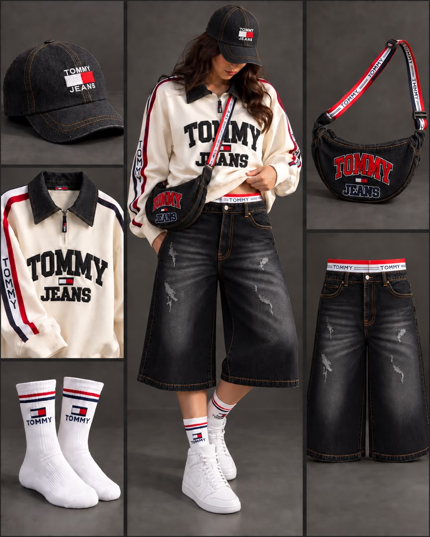 ست دورس و شلوارک جین TOMMYوارداتی دخترانه